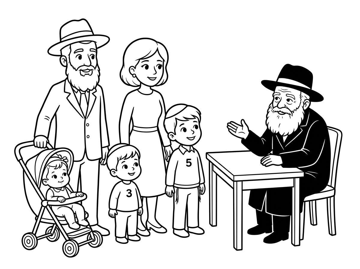 תייצר משפחה שמורכבת מאבא, אמא, שני בנים בני ילד בן 5 וילד בן 3, ותינוקת בת שנה מדברים עם הרבי מליובאוויטש