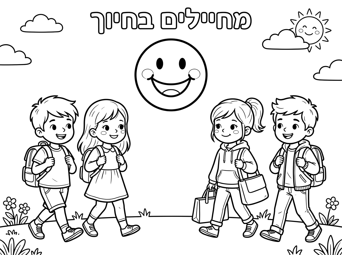 כיתוב מחילים בחיוך. סמיילי גדול. 4 ילדים בצדדים עם תיק בדרך לגן. רקע לא עמוס