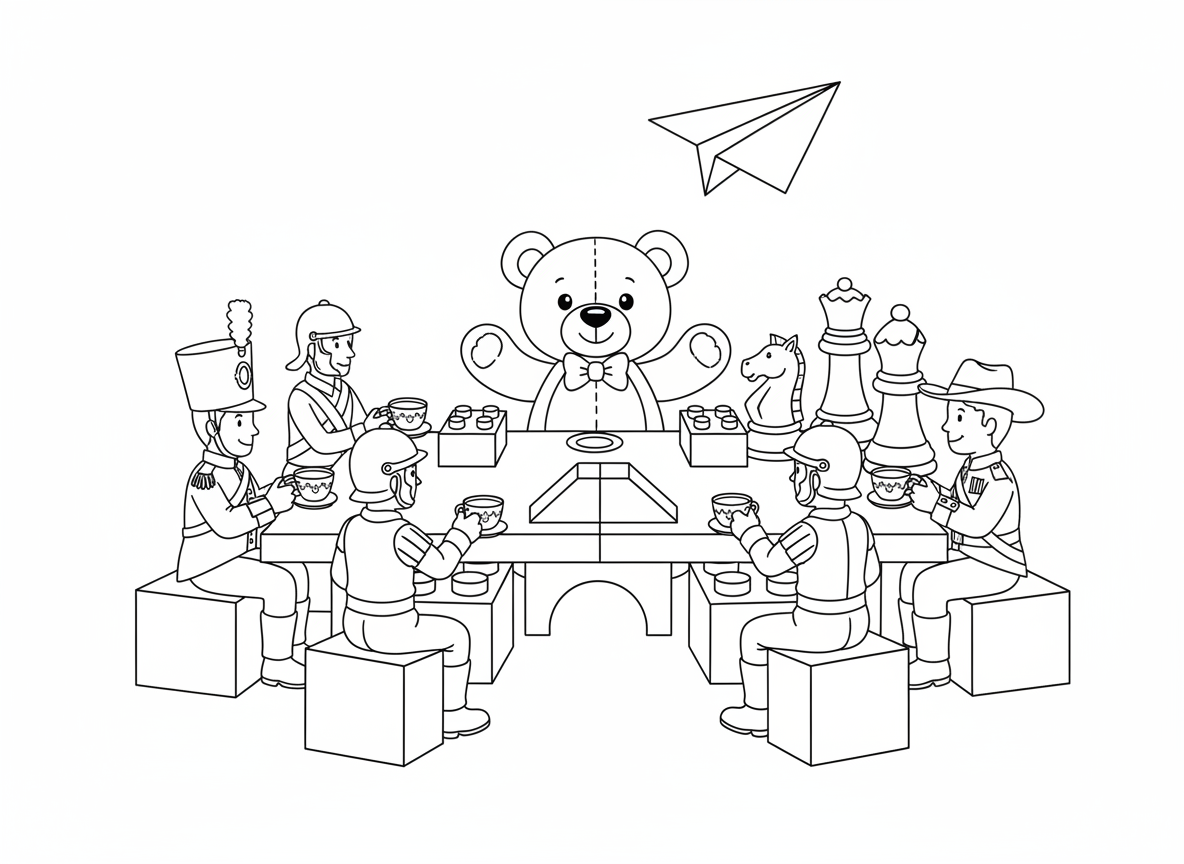 ועידת שלום של חיילי צעצוע - חיילי צעצוע זעירים מערכות שונות שותים תה ביחד, כלי שחמט מצטרפים לפגישה, דובון כמגשר, קוביות בנייה כשולחן ועידה, ומטוס נייר כיונת שלום