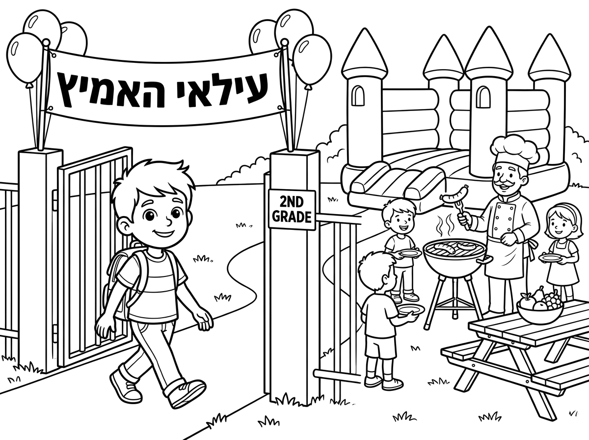 עוד תמונה של עילאי המתוק שנכנס לבית הספר והוא עולה לכיתה ב בשער..בתוך הבית ספר יש מתנפחים ומנגל חגיגה. וכתוב עילאי האמיץ