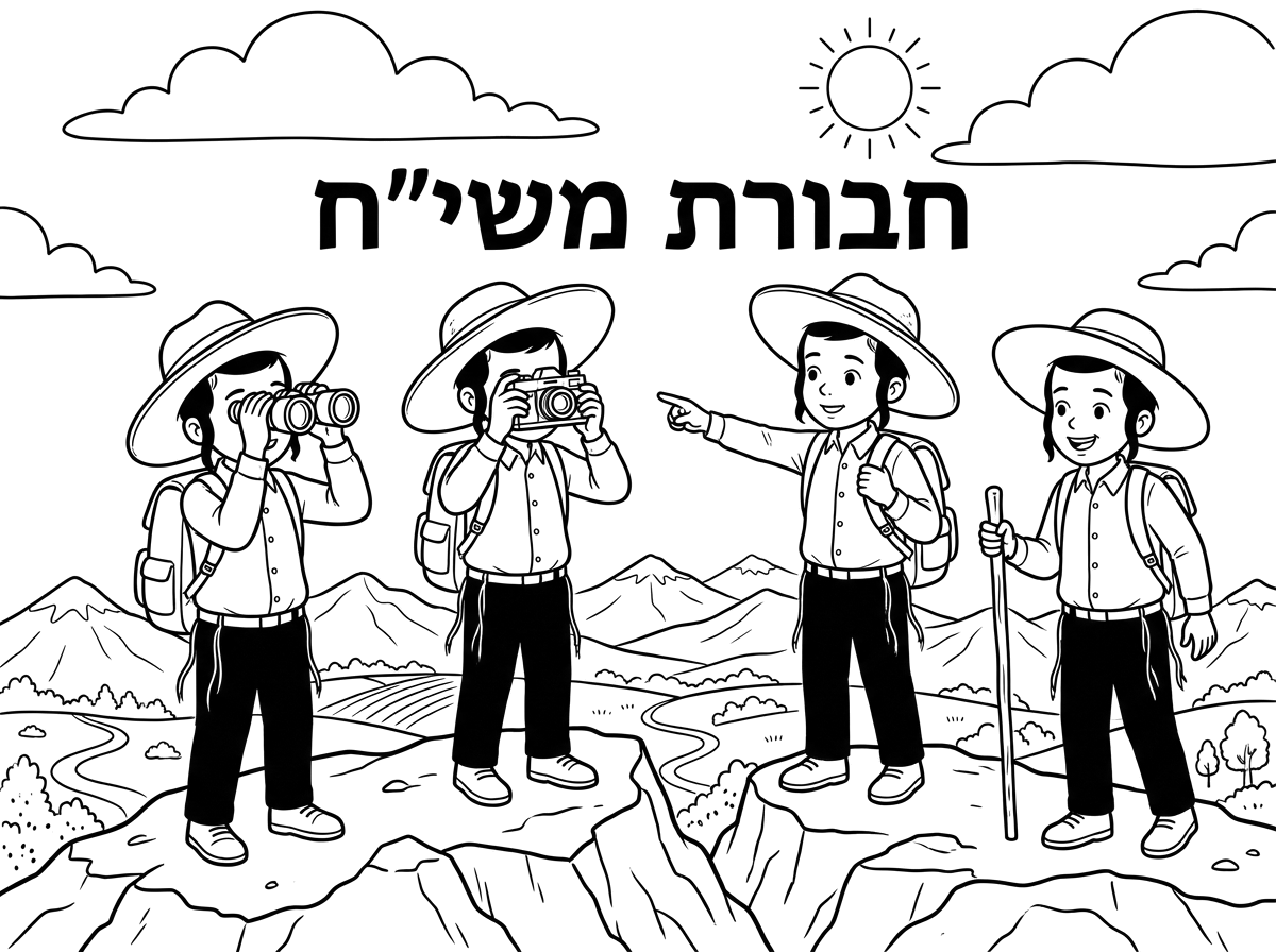 אני רוצה דף צביעה של ציור בציור אמור להיות ארבעה ילדים אל פסגה גבוע אם כובעי שמש ותיקים  גדולים למלה כתוב חבורת משי"ח והילדים מחזיקים ממש משקפות ומצלמת בנוף יש הרים קטנות ושדות (אבל אין בתים בנוף) שמש בשמים ועין עננים והילדים עם כפה וציצייות (ואין עוד ילדים בכלל)