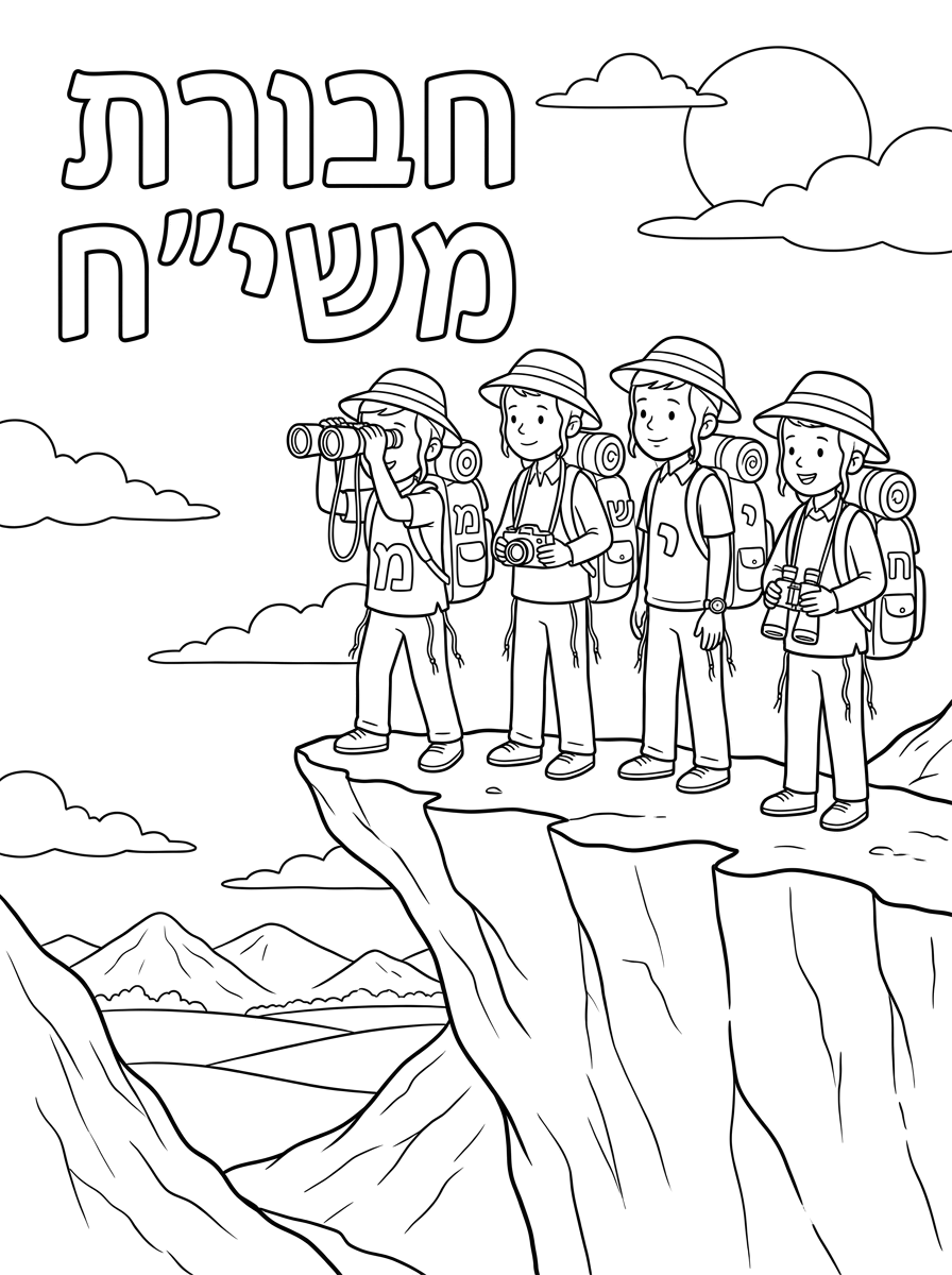 אני רוצה דף צביעה של ציור בציור אמור להיות ארבעה ילדים אל פסגה גבוה אם כובעי שמש ותיקים  גדולים למלה כתוב חבורת משי"ח והילדים מחזיקים ממש משקפות ומצלמת בנוף יש הרים קטנות ושדות (אבל אין בתים בנוף) שמש בשמים ועין עננים והילדים עם כפה וציצייות (ואין עוד ילדים בכלל) הדף צריך להיות עומד ולא שוכב הילדים צריכים להיות אל פסגה אחת האותיות צריכות להיות אחת מעל השנייה על כל תיק צריך להיות אות מהותיות האלה   מ ש י ח . לילד אחד צריך להיות משקפת חוט על הצור לשני מצלמת חוט על הצור לשלישי משקפיים לרבעי  שעון יד . אם אמורים להיות אל פסגה רחוקה פסגה צריכה לצאת מהקיר הימני   בעמצה של הדף ארבעת הילדים צרכים להסתכל לאותו כיוון. ל מ' המשקפת ל ש' המצלמה ל י'
השעון ל ח' המשקיפים. מתחת הפסגה צריך להיות כמו ירדה עפוכה