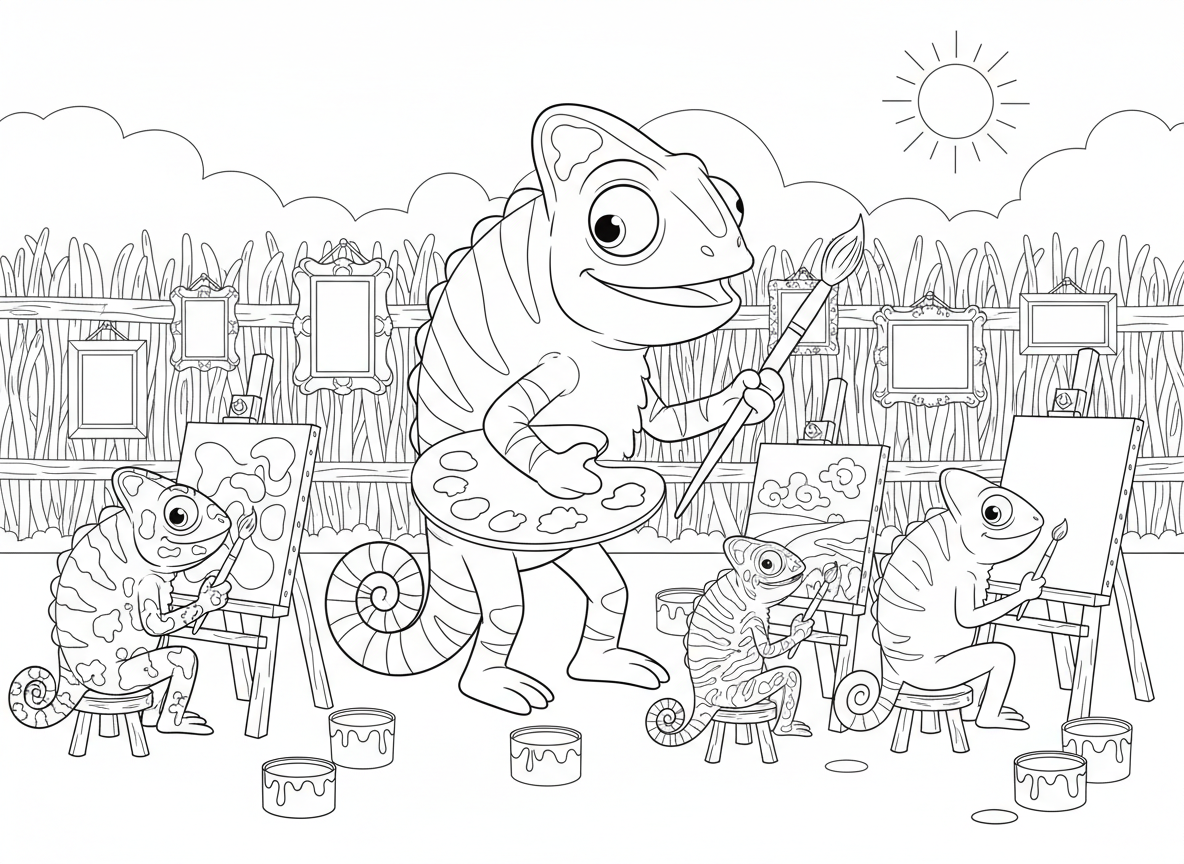 שיעור ציור של זיקיות - זיקיות מציירות אבל כל הזמן משנות צבע בטעות לצבע הבד, מורה זיקית בצבעי קשת, פלטת צבעים על הזנב, כני ציור מענפים, וגלריה של ציורים שקופים