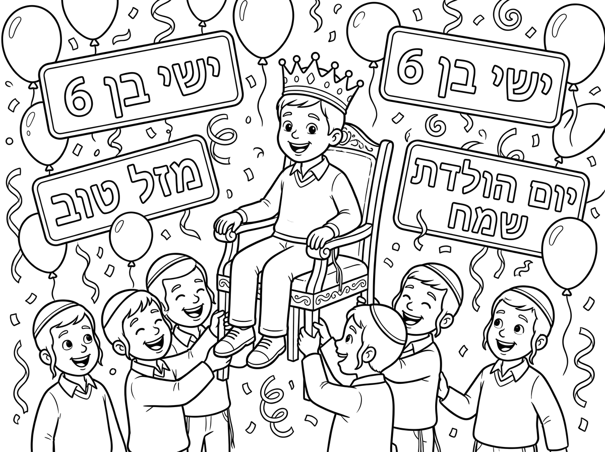 ועכשיו תכין לי תמונה של ילד בן 6 עם כתר על הראש יושב בכיסא מקושט וילדים בני 6 מרימים את הכיסא וכולם שמחים
והילדים דתיים חובשים כיפה על הראש
וברקע יש שלט שכתוב בו "ישי בן 6"
ושלט נוסף "מזל טוב" ושלט נוסף "יום הולדת שמח"
ויש בלונים ואפקטים של יומולדת