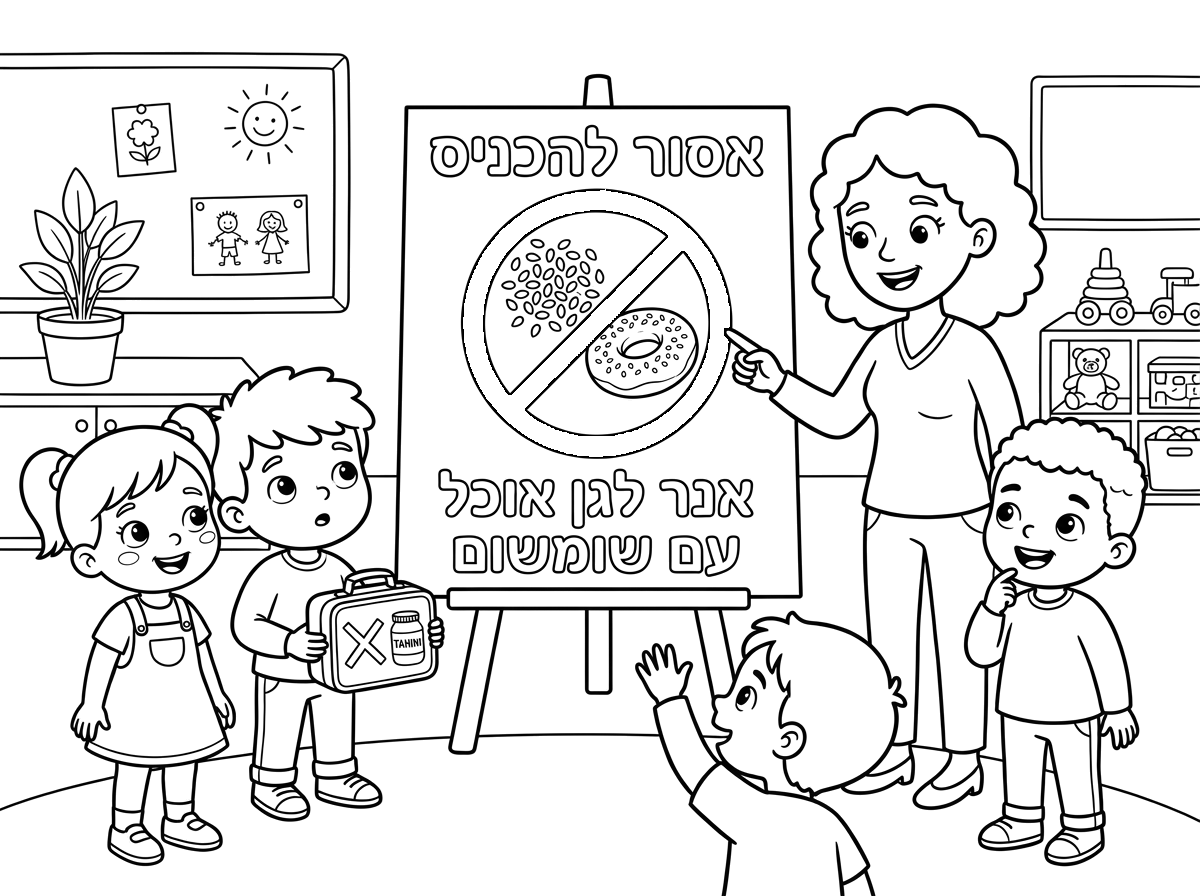 יש לי בגן ילד עם אלרגיה לשומשום מסכנת חיים ..
אפשר דף המציין את האיסור להיכנס לגן עם אוכל שיש בו שומשום