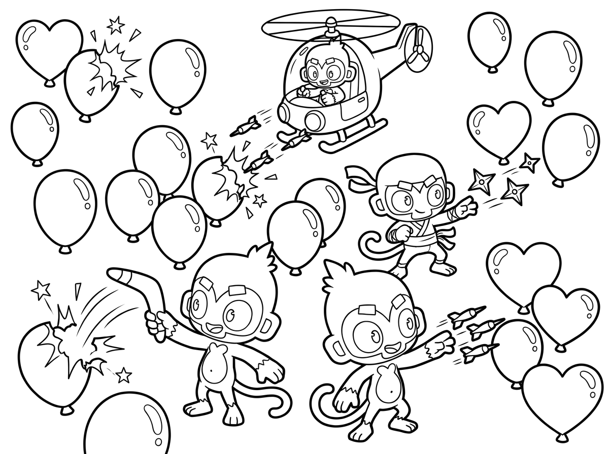 4 קופים בסגנון של baloon cd' מפוצצים בלונים.קוף אחד זורק בומרנג לבלון,קוף שני זורק חיצים,קוף שלישי זורק כוכבי נינג'ה, קוף רביעי בתוך מסוק שיורה    חיצים מלמעלה. ויש הרבה בלונים בצורה רגילה וחלק בצורה של לבבות.