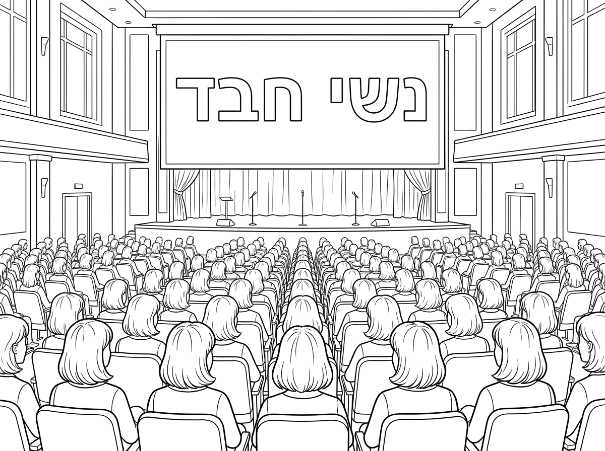 צור לי דף צביעה של אודיטוריום מלא כיסאות, במה גדולה, בקהל יושבות המון נשים עם שיער פזור קצר.  התמונה מצד הגב שלהן.
על המסך הגדול שמעל הבמה כתוב באותיות חלולות: "נשי חבד"