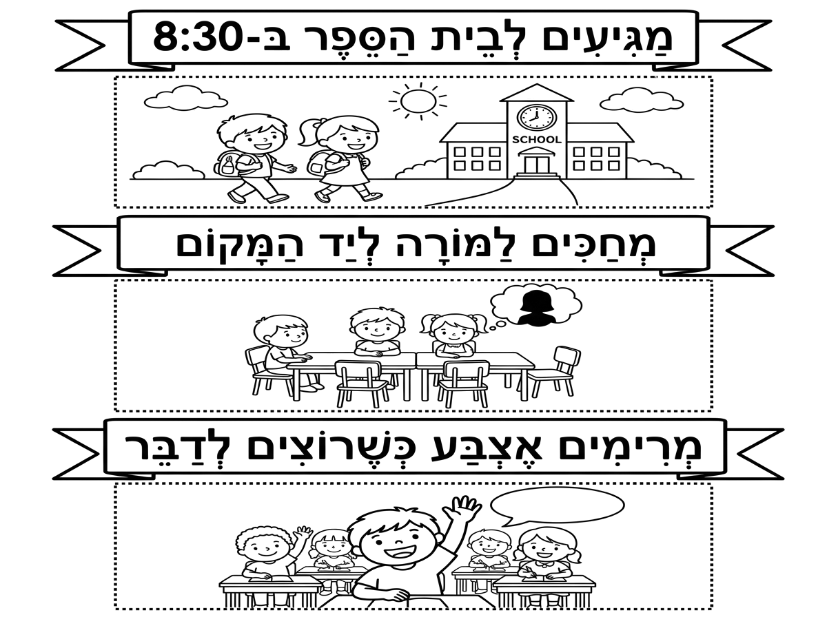 אני רוצה שתעשה דף עבודה עם הכללים של כיתה א׳ 
שהכלל מנוקד ויש ציור והבת צריכה לגזור את התמונה ולהתאים לכלל
כלל 1. מגיעים לבית הספר ב-8:30 
כלל 2- מחכים למורה ליד המקום 
כלל-3- מרימים אצבע כשרוצים לדבר