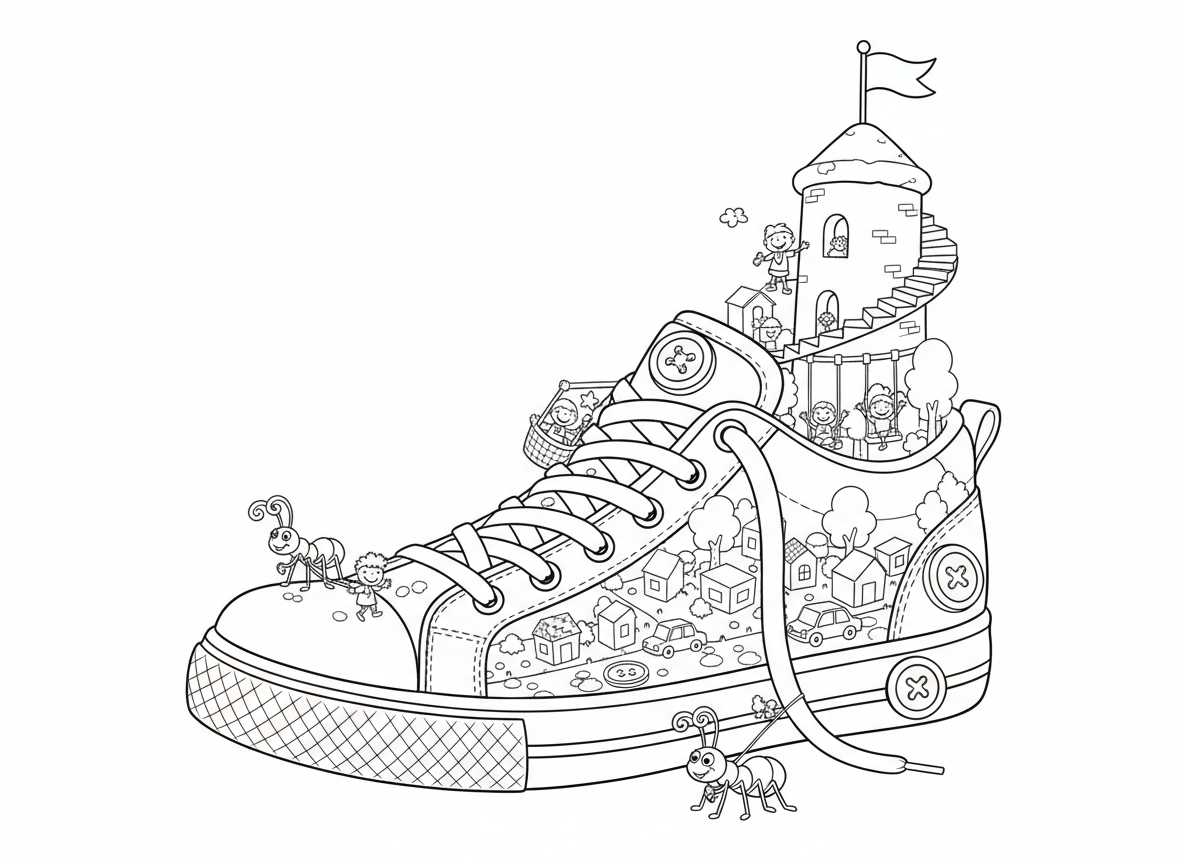 עיר מיניאטורית בתוך נעל - אנשים זעירים גרים בתוך נעל ענקית, שרוכים כמעליות, לשונית כפארק, סוליה כשכונה, עקב כמגדל, נמלים כחיות מחמד, וכפתורים כמכסי ביוב