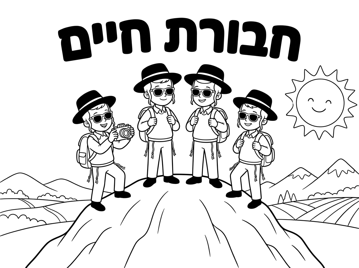 אני רוצה דף צביעה של ציור בציור אמור להיות ארבעה ילדים אל פסגה גבוע אם כובעי שמש ותיקים גדולים למלה כתוב חבורת חיים והילדים ממש משקפות ומצלמת בנוף יש הרים קטנות ושדות (אבל אין בתים בנוף) שמש בשמיים ואין עננים והילדים עם כיפה וציציות (ואין עוד ילדים בכלל)