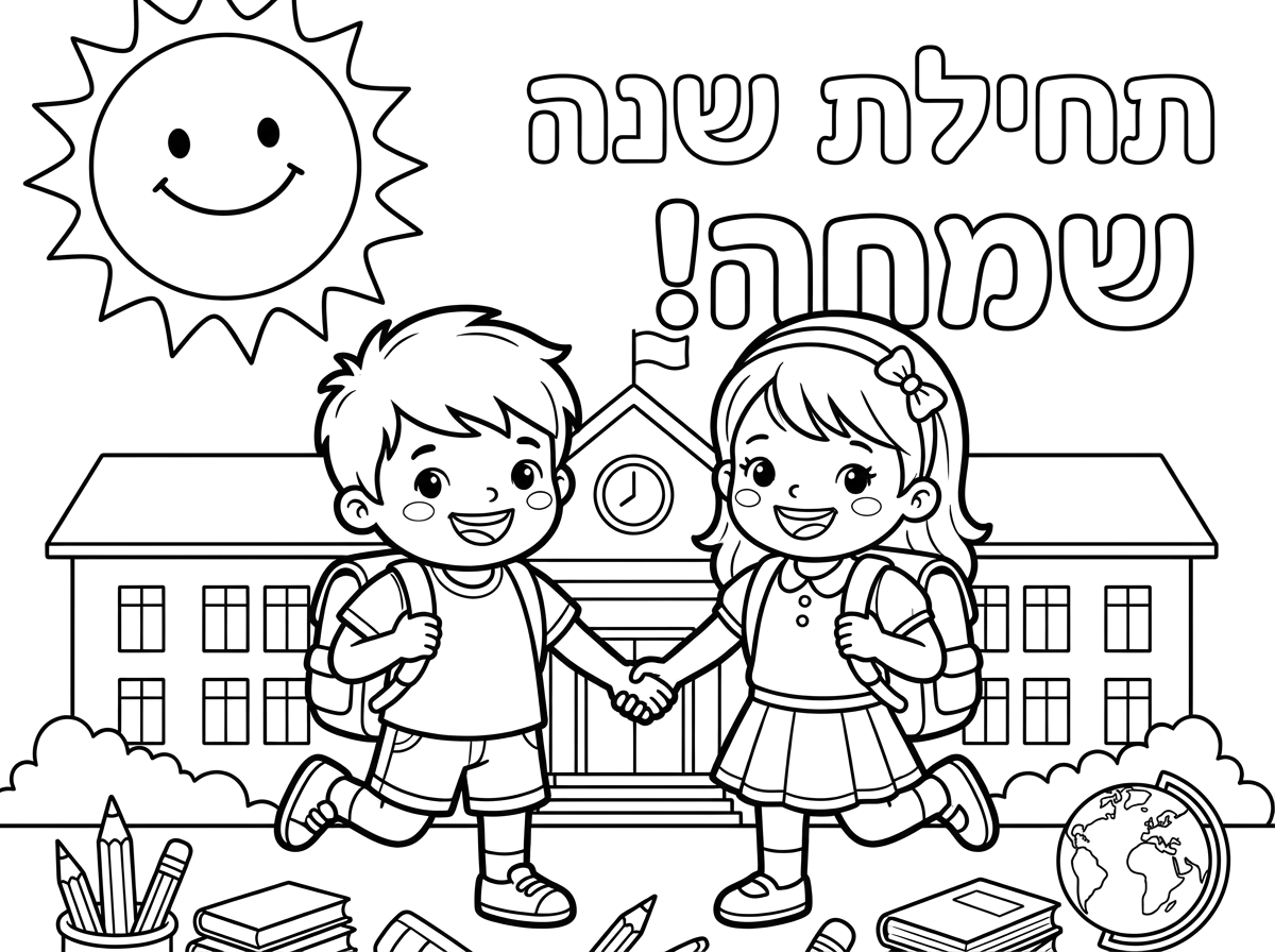 תיצור לי דף צביעה לתחילת שנה עם כיתוב חביב לילדים מתחילים בחיוך עם סמיילי  בן ןבת חמודים מחיכים