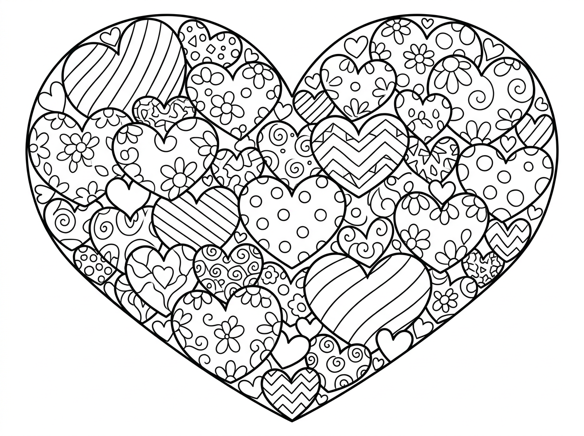 לב גדול שפנימו מלא לבבות קטנים יותר בגדלים שונים, כל לב בתוך לב יוצר אפקט של רקורסיה. הלבבות הקטנים מעוטרים בדוגמאות שונות – פסים, נקודות, פרחים. הדף מלא ועשיר בפרטים לצביעה ממושכת.