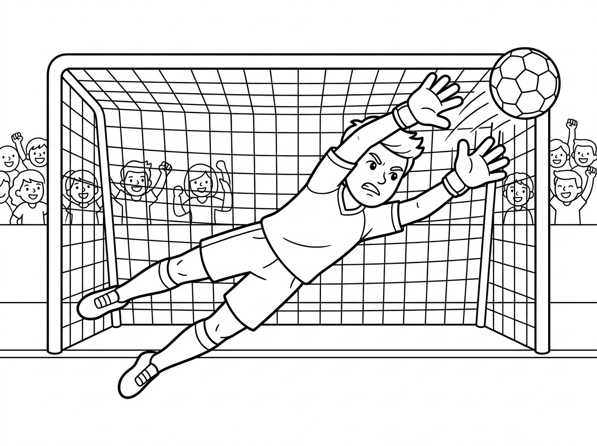 שוער בתלבושת שוער עם כפפות גדולות קופץ קפיצה דרמטית לצד, גופו מתוח באלכסון באוויר וידיו מושטות לקצה לתפוס כדור שעף לפינה. הבעת פניו נחושה ומתוחה. ברקע רשת השער עם קו השער וקהל מצויר.