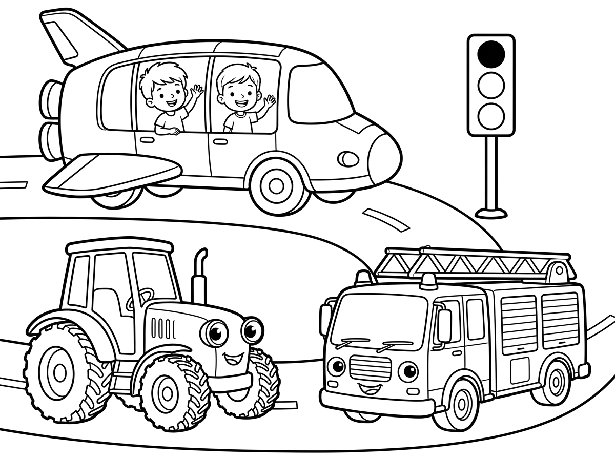 ילדים בנים נוסעים בהסעה ,בכביש רמזור,טרקטור וכבאית