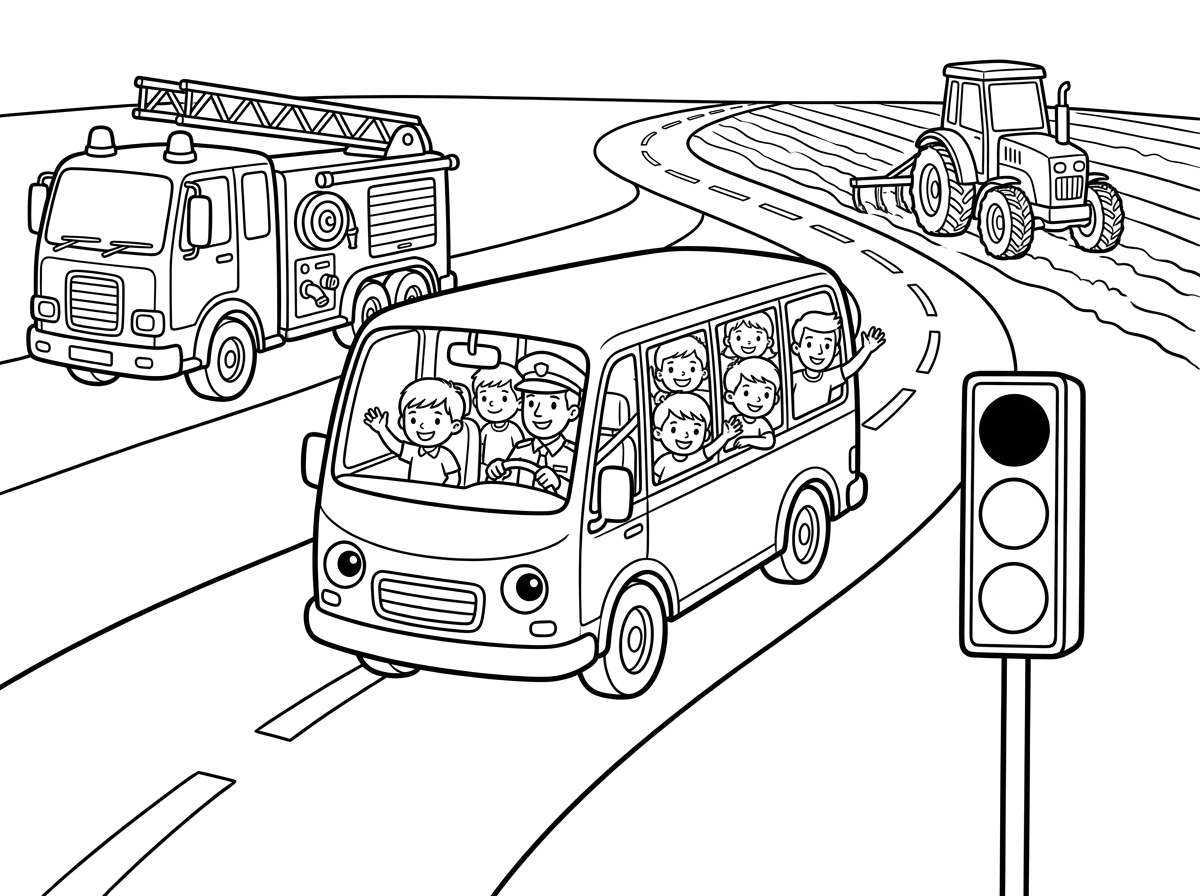 הסעה מיניבוס עם 7 ילדים בנים נהג ובחור,נוסף,כביש ארוך ,רמזור כבאית טרקטור