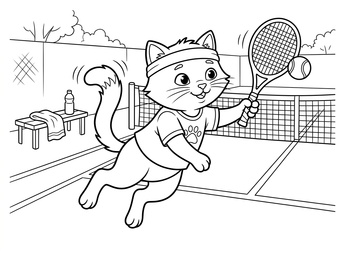 חתול זריז וספורטיבי עם סרט ראש לבן, מחזיק מחבט טניס בכפה ומכה בכדור בתנועה דינמית. הוא לובש חולצת ספורט קטנה וזנבו מתנופף מאחוריו. ברקע מגרש טניס עם רשת, קווי מגרש ברורים, ובצד ספסל עם מגבת ובקבוק מים.