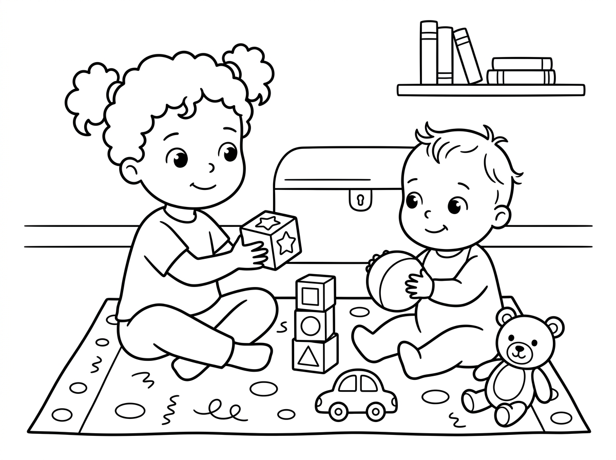 דף צביעה של 2 ילדים משחקים. בן שנה ובן שנתיים