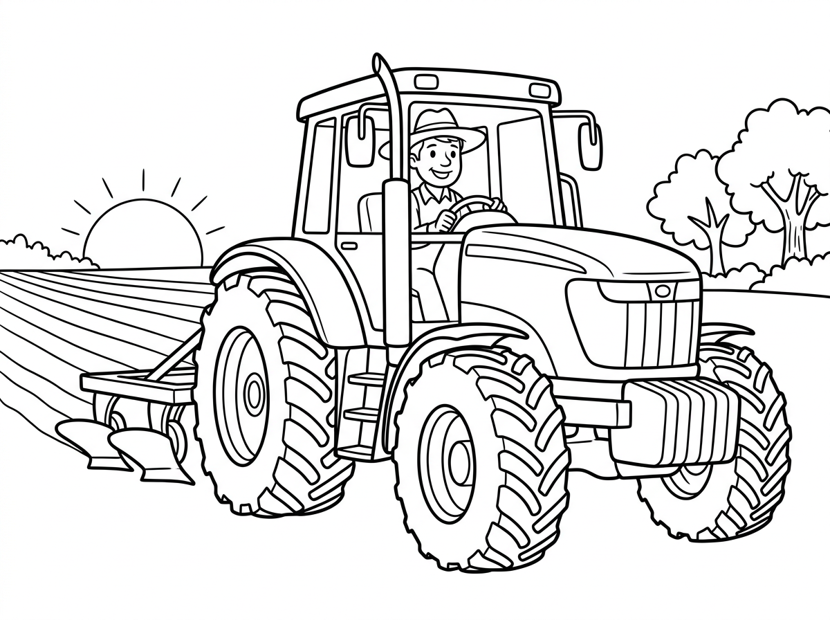 טרקטור חקלאי גדול וחזק עם גלגלים אחוריים ענקיים ומשוננים, נהג חקלאי מחייך יושב בתא הנהג עם כובע רחב שוליים. הטרקטור חורש שדה עם תלמים ישרים, ברקע שמש זורחת ועצים כפריים. הסגנון ילדותי וידידותי.
