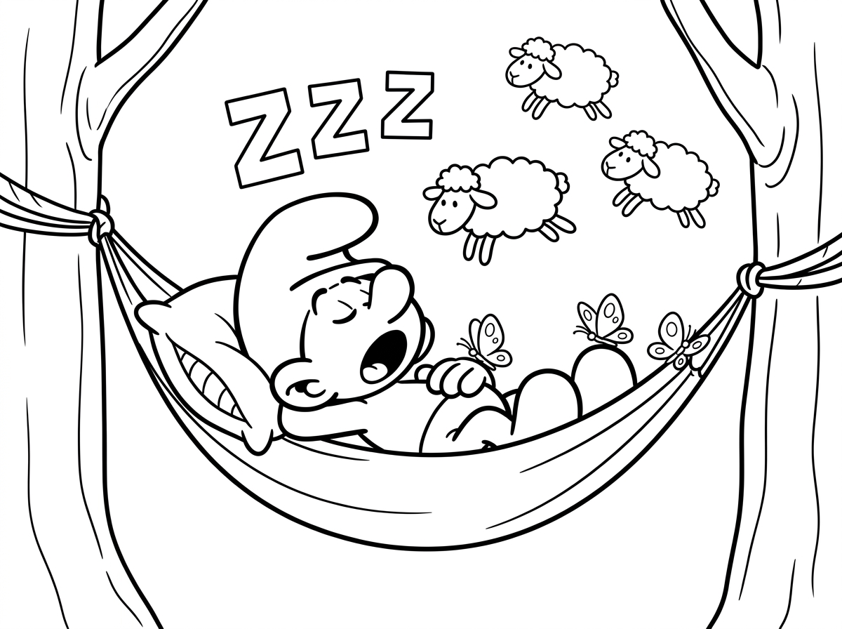 דרדס ישנוני (לייזי סמורף) ישן על ערסל בין שני עצים, כרית מתחת לראש וכובע מכסה חלק מפניו, מפהק בעמקות. סביבו Zzz גדולים באוויר, כבשים לספירה מרחפות, פרפרים נחים עליו. סגנון ישנוני ורגוע עם סימני שינה קלאסיים.