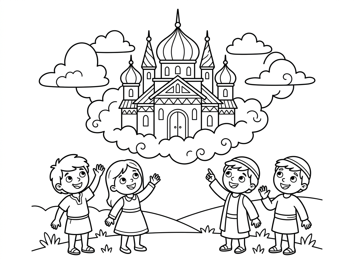 בית המקדש יורד משמים
ילדים מסתכלים עליו בשמחה