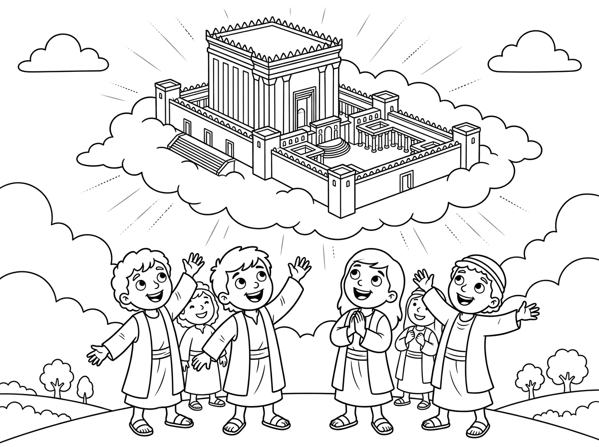 בית המקדש יורד משמים
ילדים מסתכלים עליו בשמחה