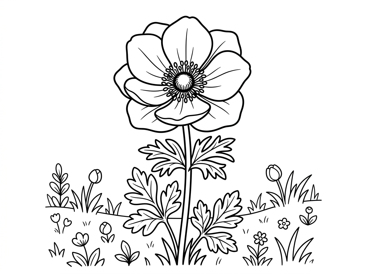 פרח זלזלת (כלנית) בודד ומרשים עם עלי כותרת גדולים ורכים הנפתחים סביב מרכז כהה ומלא אבקנים. הגבעול דק וארוך עם עלים מפורצים בצורות מורכבות אופייניות לצמח. ברקע שדה אביבי עם ניצנים נוספים ודשא רך.