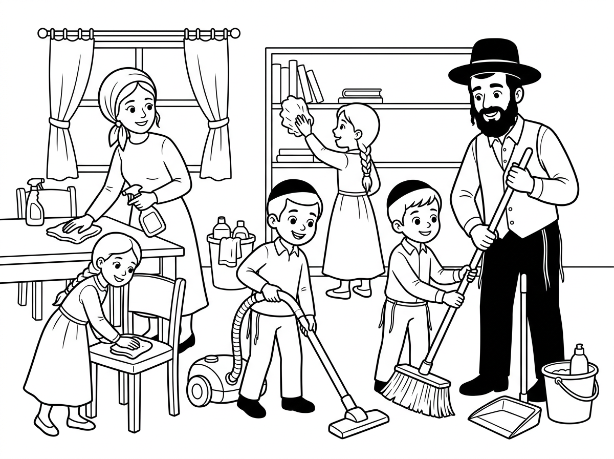 תעשה לי בבקשה דף צביעה שרואים בו משפחה חרדית של אבא, אמא ו4 ילדים- 2 בנים ו2 בנות, מנקים את הבית לפסח.