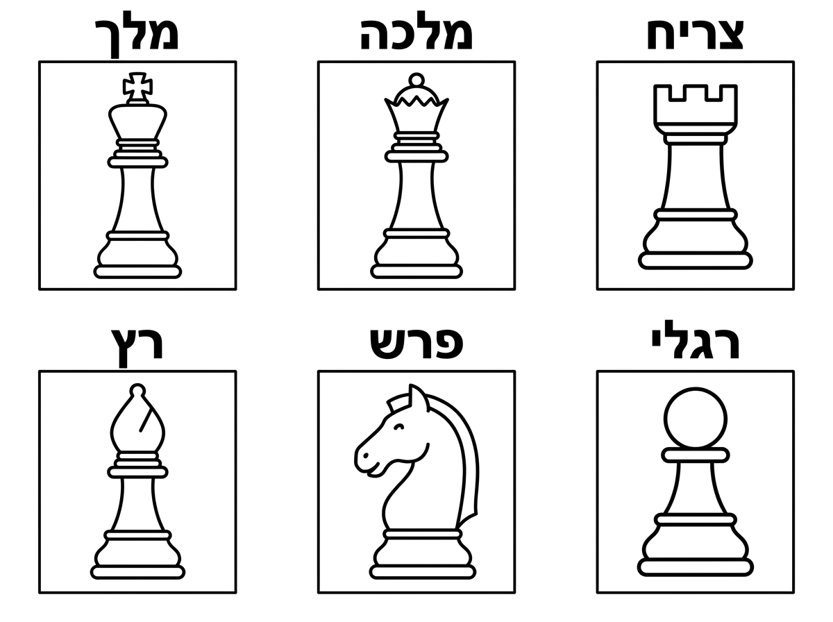 דף צביעה של כלי השחמט,מעל כל כלי כיתוב של שם הכלי
וכל כלי בתוך מסגרת