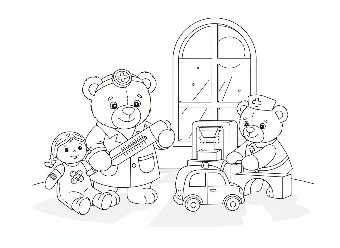 משמרת לילה בבית חולים של דובונים - דובונים כרופאים ואחיות עובדים בלילה, בובה מאושפזת עם יד חבושה, אמבולנס מכונית צעצוע, מכונת רנטגן מקוביות, מדחום מצבעון, ואור ירח מהחלון