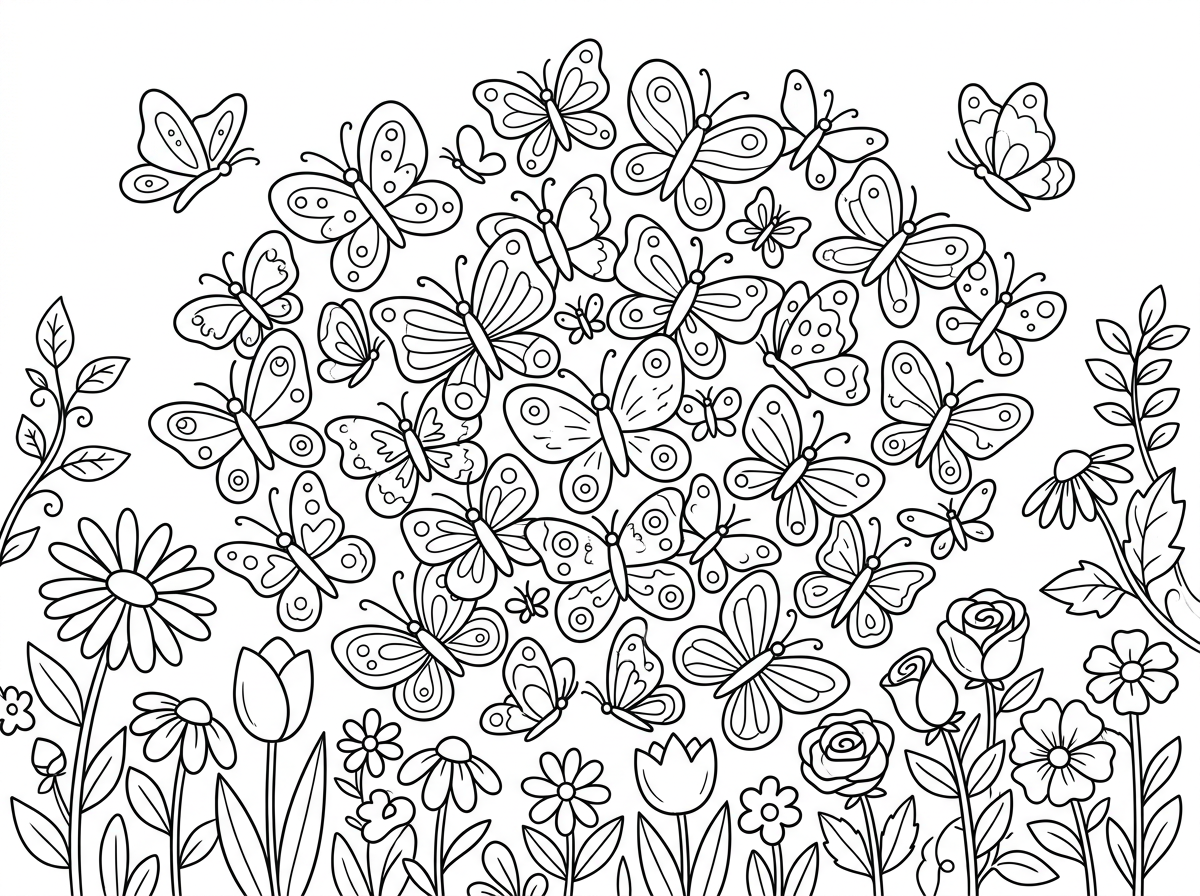 להקה של פרפרים רבים מעופפים יחד בערבוביה יפה ושמחה, כנפיהם מתנגשות ברכות ויוצרים דוגמא קליידוסקופית. כל פרפר עם דוגמא ייחודית משלו. סגנון ציור שופע ומלא חיים עם קווים מגוונים, רקע של גינה פורחת עם שפע צבעים ופרחים.