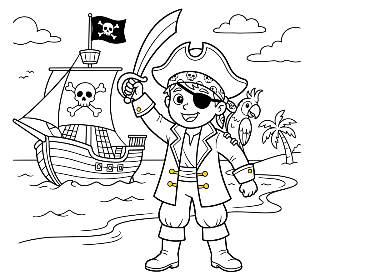 פיראט צעיר ואמיץ עם רטיית עין, בנדנה מקושטת בגולגולת, ומעיל פיראט עם כפתורי זהב, מניף חרב פיראט מעל ראשו בתנוחה גיבורית. ברגלו מגף גבוה ולצדו תוכי על הכתף. ברקע ספינת פיראטים עם דגל שחור.