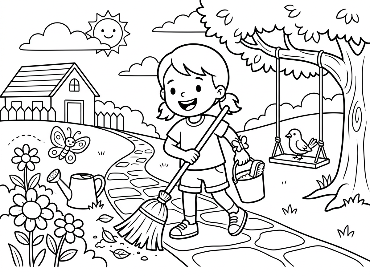 אפשר ציור של ילדה משחקת בחוץ ומנקה תוך כדי?