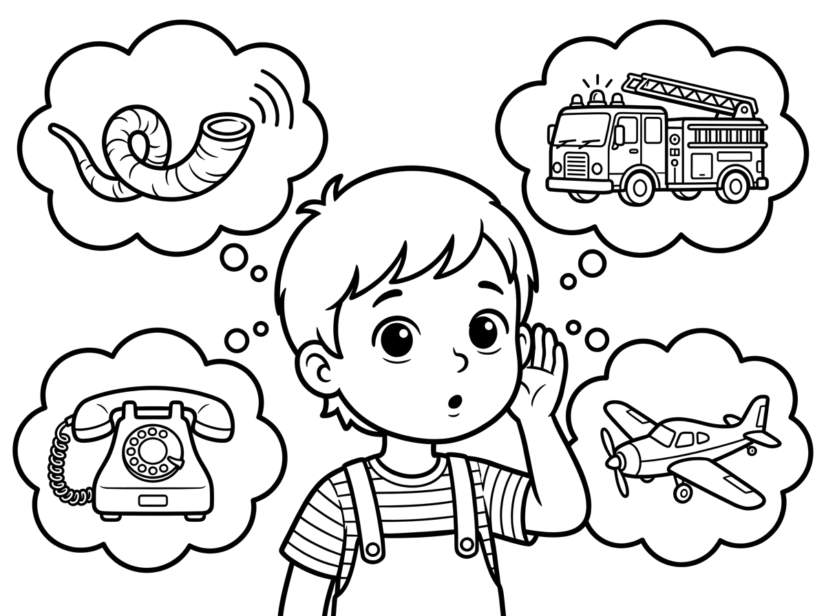 תכין לי דף צביעה שרואים בו ילד ששומע קול ומנסה לזהות ממה הוא. ויש כמה אפשרויות אולי הקול משופר, אז תן תמונה של שופר, אולי הקול מכבאית אז תן כבאית אולי הקול מטלפון תן טלפון אולי ממטוס תן מטוס