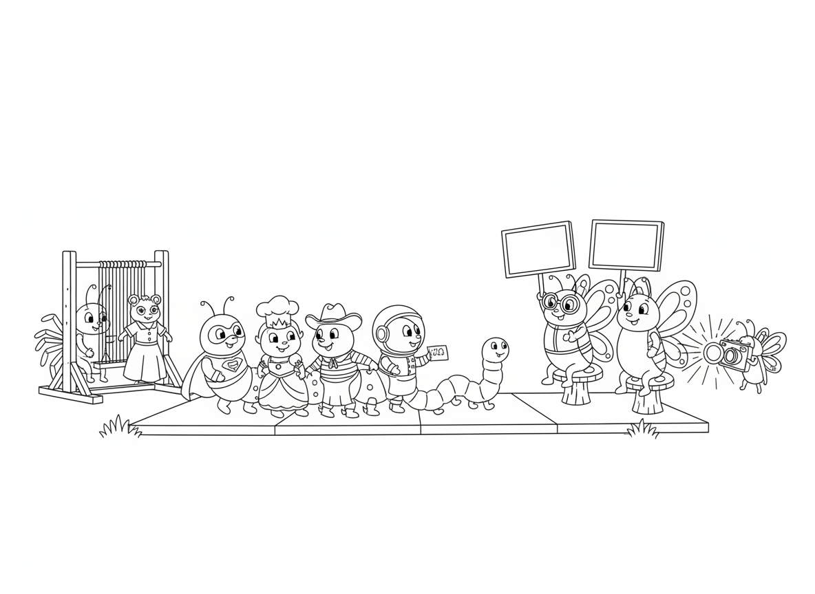 תצוגת אופנה של זחלים - זחלים לובשים בגדים שונים על כל חלק בגוף, פרפרים שופטים מחזיקים כרטיסי ציון, תולעת מודדת הולכת על המסלול, עכביש אורג בגדים מאחורי הקלעים, וחיפושיות צלמים עם פלאש