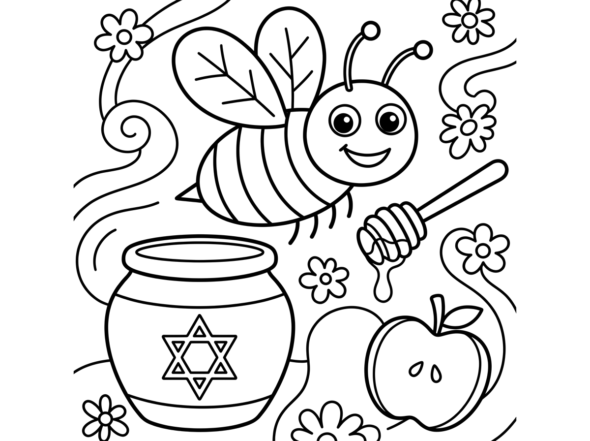 היי אני צריכה  דף צביעה של הדבורה והדבש שקשור לראש השנה לגיל 3-4