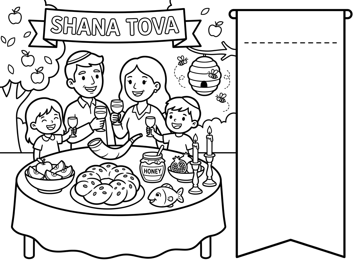 תיצור לי דף צביעה חגיגי לראש השנה 
תשאיר מקום שהילדים יכתבו את שמם בצד
