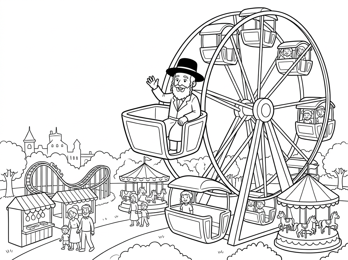 אפשר ציור של לונה פארק וחסיד שיושב על הגלגל ענק?