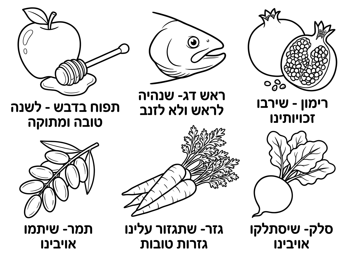 תפוח בדבש - לשנה טובה ומתוקה
ראש דג- שנהיה לראש ולא לזנב
רימון - שירבו זכויותינו 
תמר- שיתמו אויבינו
גזר- שתגזור עלינו גזרות טובות
סלק- שיסתלקו אויבינו

רוצה איורים ריאלסטים, ככל הניתן