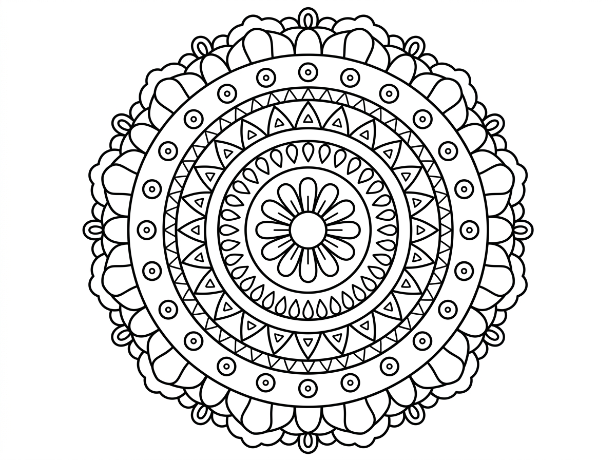 מנדלה קלאסית ומאוזנת עם מרכז פרחוני מוקף בטבעות של דוגמאות חוזרות – עלי כותרת, טיפות, משולשים ועיגולים. הסימטריה מושלמת ומרגיעה, עם מעבר הדרגתי מדוגמאות פשוטות במרכז למורכבות בשוליים. מתאימה לכל הרמות.