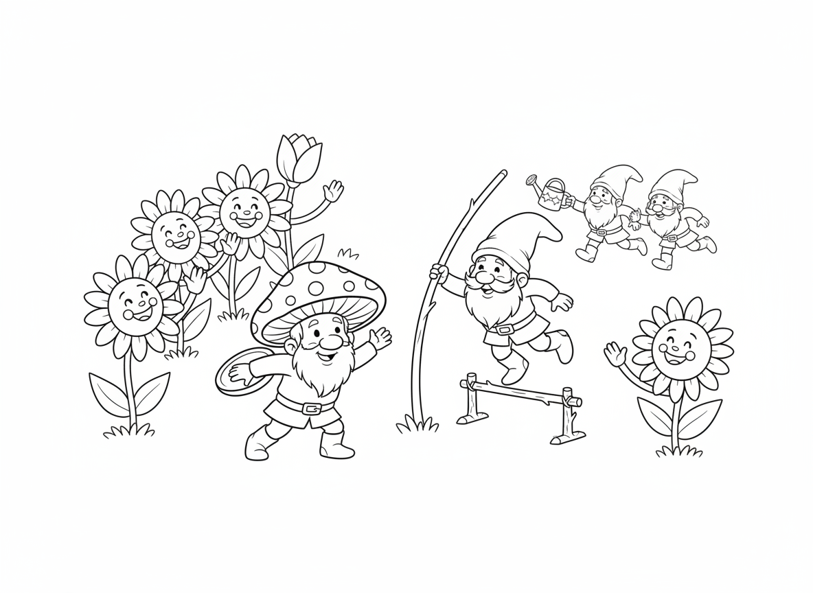 אולימפיאדת גמדי גינה - גמדי גינה מתחרים בספורט, אחד זורק פטרייה כדיסקוס, אחר קופץ מוט עם גבעול פרח, שליחי גמדים מעבירים מזלף זעיר, וקהל פרחי גינה מעודד