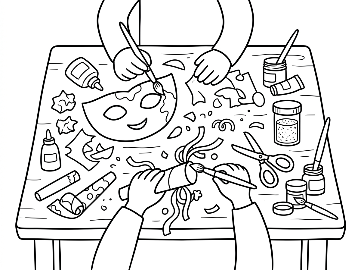 שולחן יצירה מלא בפעילות: נייר גזור, מספריים, דבק, נצנצים, רעשנים בהכנה, מסכות חצי מוכנות, גואש, ומברשות. ידיים קטנות של ילדים יוצרות מסכה ורעשן, והשולחן מכוסה בפיסות נייר ובלאגן יצירתי. סגנון ריאליסטי מבולגן בצורה חמודה.