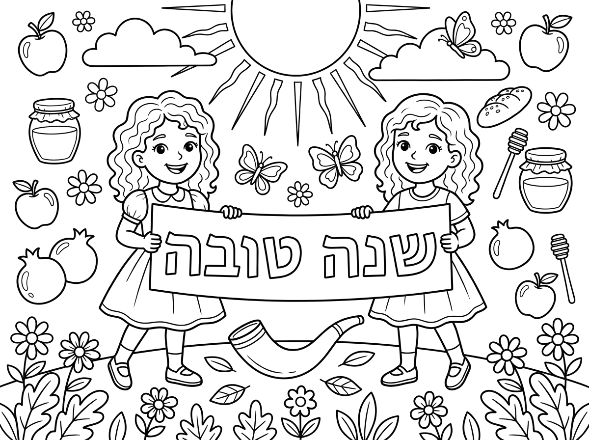 שלום תכין לי דף צביעה לילדות עם כתובית שנה טובה,בסגנון כמו בתמונה