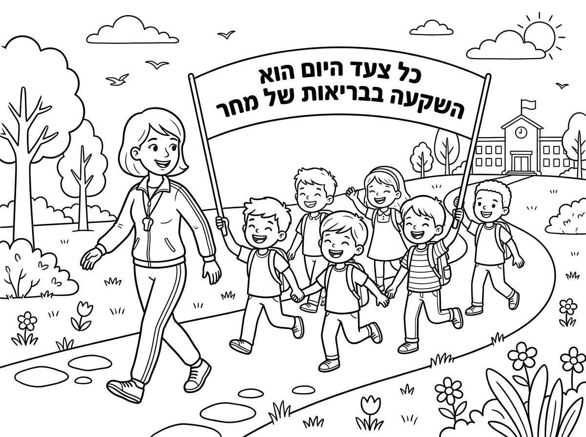 Walking Day for schoolchildren with a female sports teacher