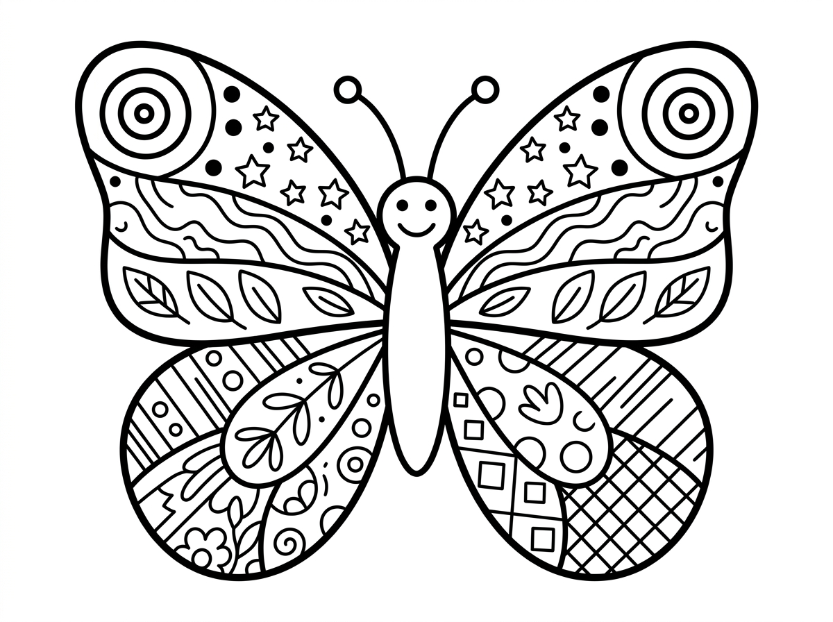 פרפר מעוטר בעיטורים אמנותיים עשירים ומגוונים — ספירלות, נקודות, כוכבים ועלים — על פני כל שטח הכנפיים. כל חלק בכנף מכיל דוגמא שונה ומעניינת. סגנון ציור דקורטיבי ומפורט עם קווים מגוונים ומורכבים, רקע נקי שמאפשר להתמקד בעיטורים.