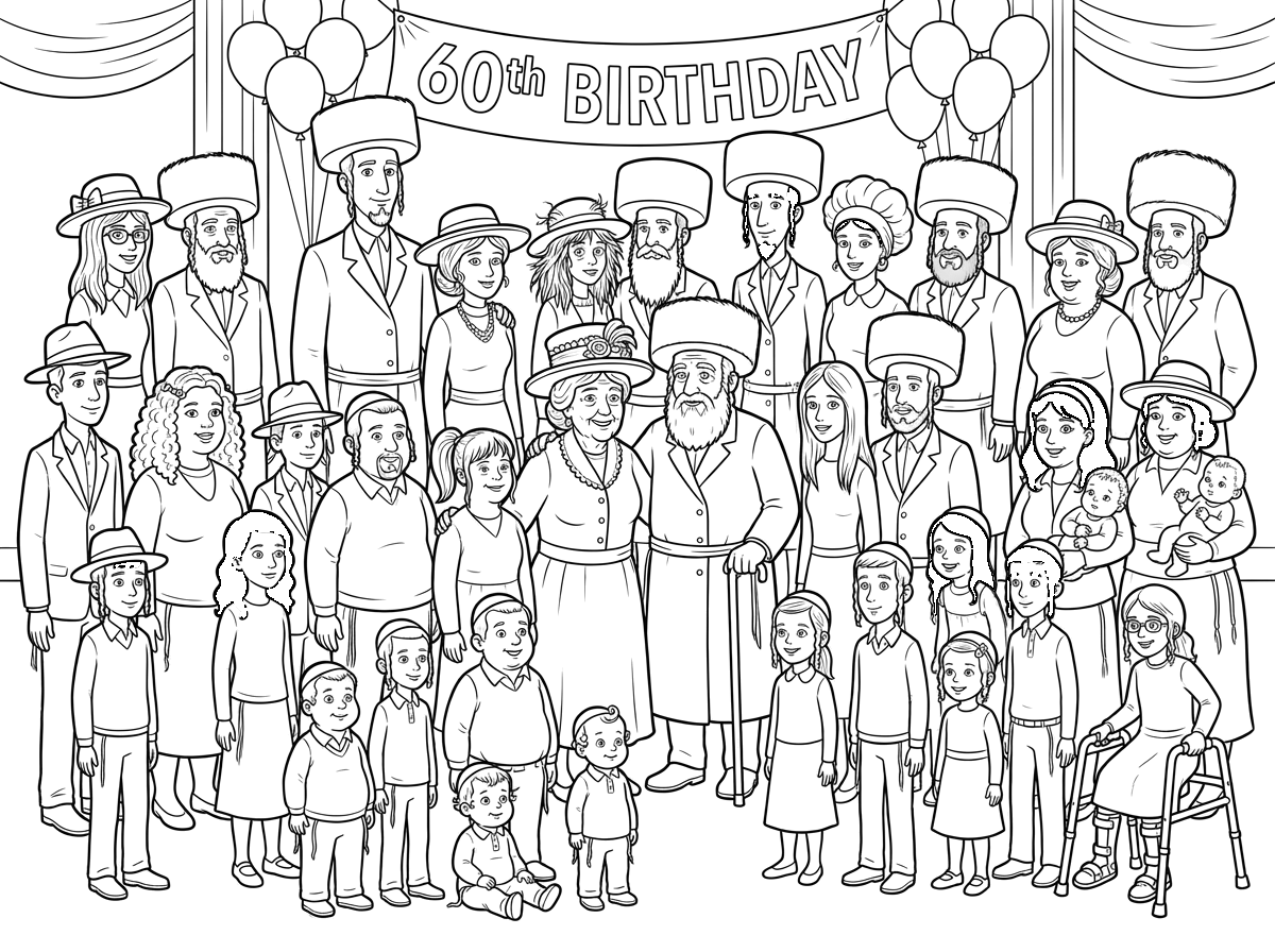 60th birthday celebration for a grandmother with a large Haredi-Hasidic family of 54 people