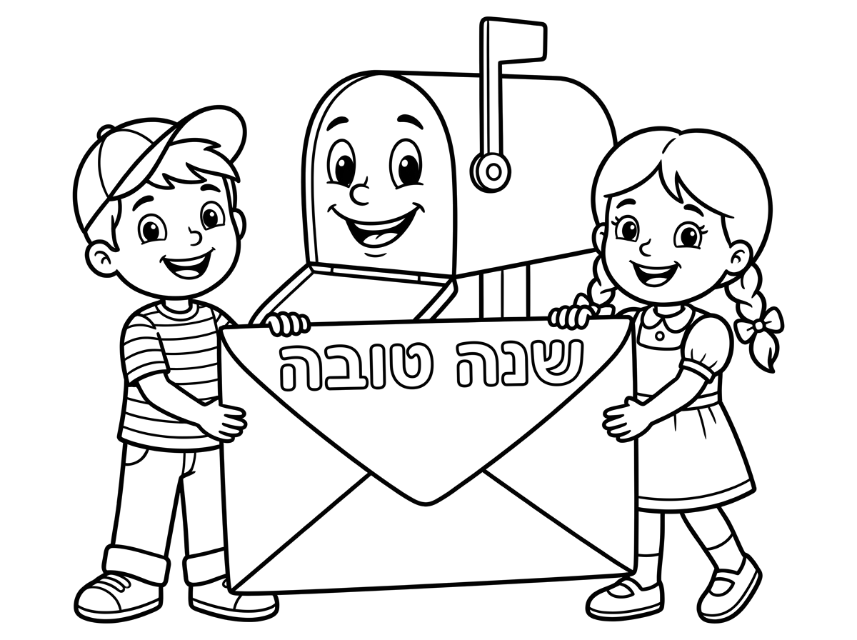 Cute boy and girl holding a letter with a large mailbox behind them