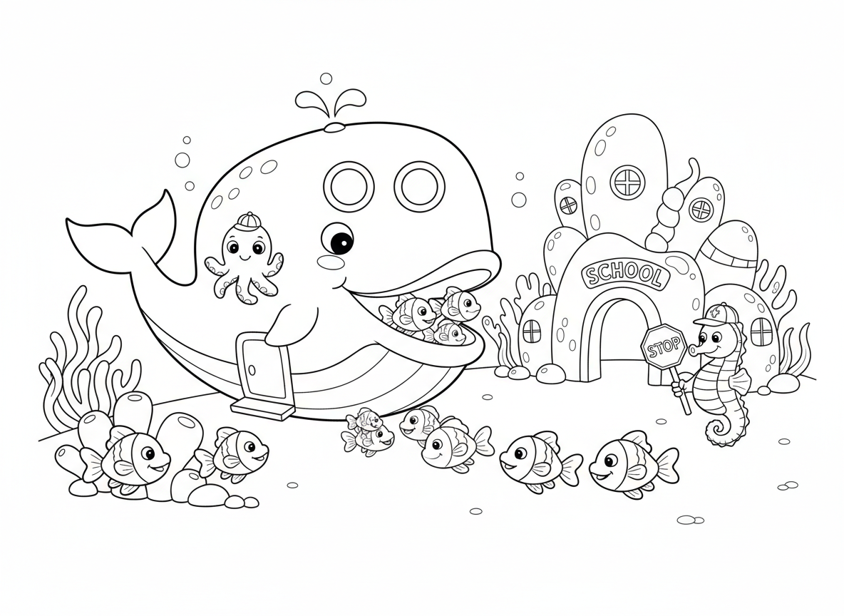 לווייתן אוטובוס בית ספר בים העמוק - לווייתן ענק וידידותי עם חלונות ודלת בבטן כאוטובוס, ילדי דגים שוחים פנימה דרך הפה, תמנון נהג, בניין בית ספר מאלמוגים, וסוסון ים כשוטר תנועה