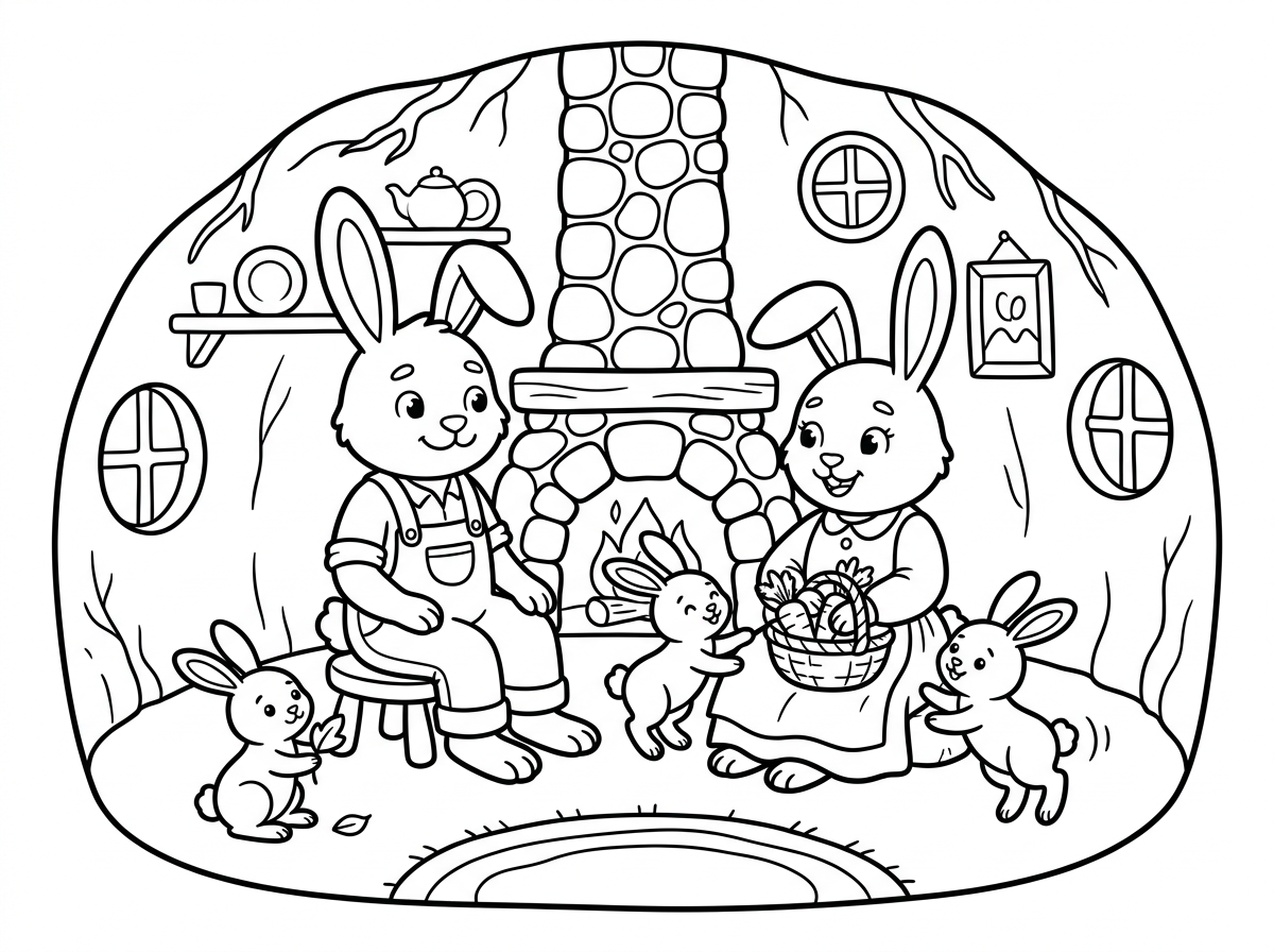 צייר ארנב וארנבת ושני גורים בבית שלהם