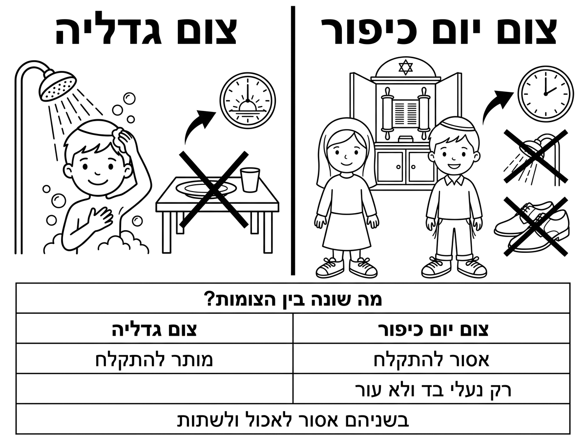 יש אפשרות לעשות לי דף מחולק שכתוב צום גדליה וצום יום כיפור ולמטה תרמלון מה שונה בין הצומות למשל שביום כיפור אסור ןהתקלח וצום גדליה מותר בשניהם אסור לאכול ולישתות אבל ביום כיפור צריך רק נעלי בד ולא עור וכד