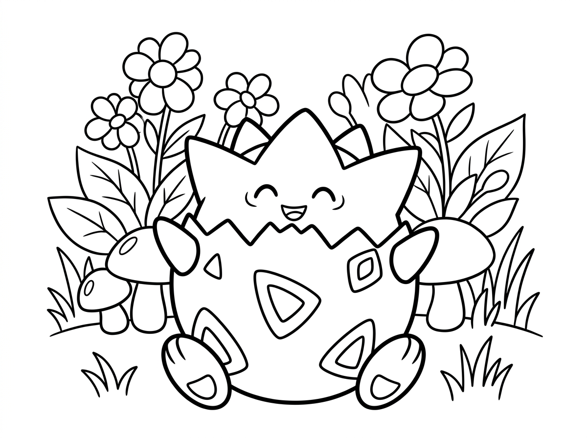 טוגפי היושב בתוך חצי ביצה לבנה עם דוגמת משולשים, מציץ החוצה בחיוך. ראשו הקטן עם הכתר של קוצים בולט מעל שפת הביצה, עיניו עצומות בשמחה וידיו הזעירות מנופפות, על רקע גינה פורחת.